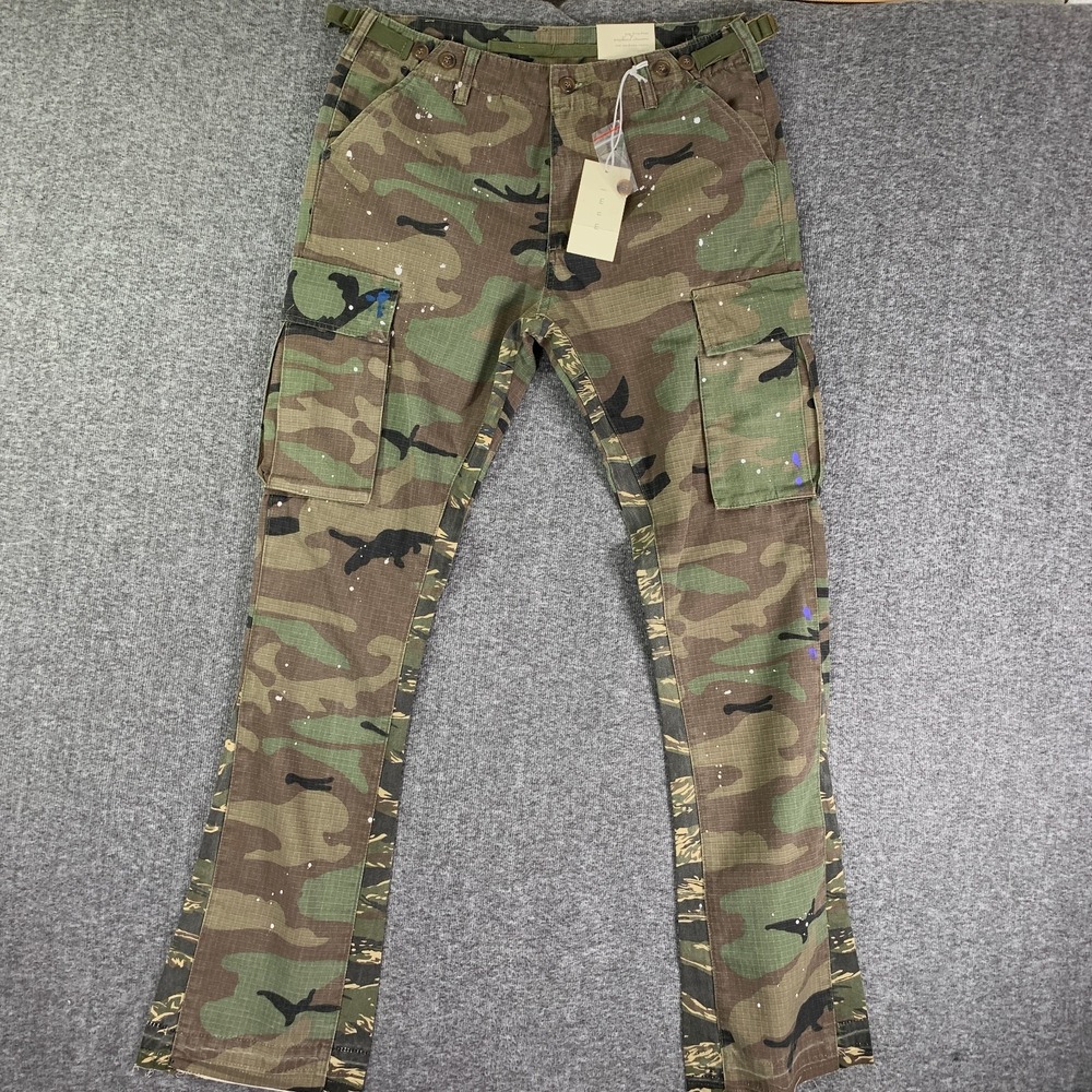 MNML Bootcut Camo Pants Men 33x35 Streetwear Fashion Paint Splatter Grunge NEW